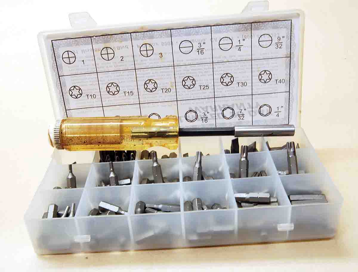 Bit sets containing the six most common Torx sizes (center row) are commonly available.